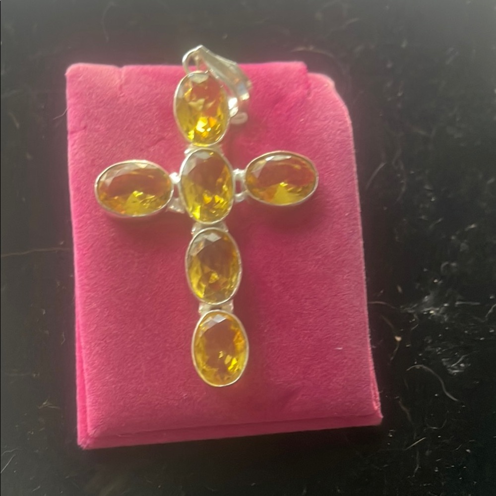 Price Drop! Yellow Amber and Silver 6 stone Large cross pendant